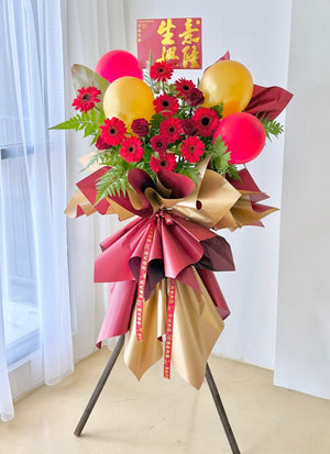 Luxury red and gold grand opening flower stand with gerbera and roses – same day opening flower stand delivery across KL and Selangor.