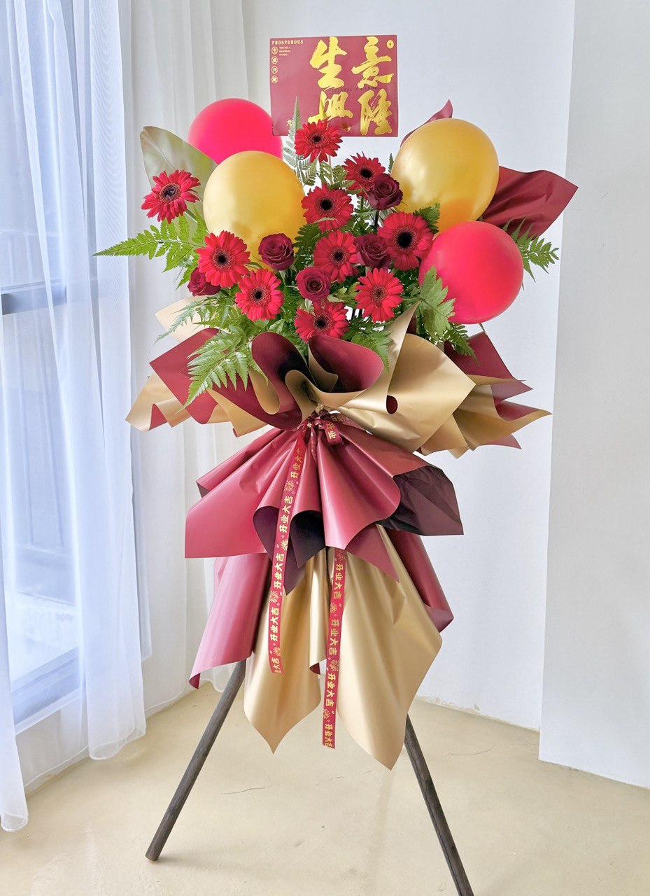 Luxury red and gold grand opening flower stand with gerbera and roses – same day opening flower stand delivery across KL and Selangor.