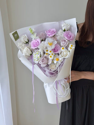 A bouquet of soap flower perfect for anniversary, birthday gift idea with same day soap flower delivery at Subang Jaya, prepared by Hug And Heart Florist.