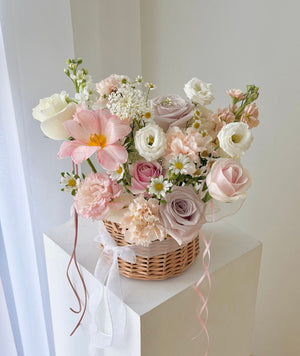 Soft pastel flower basket with tulip, roses, chamomile and green fillers, perfect housewarming and get well soon gift, same day flower delivery Kuala Lumpur Selangor.