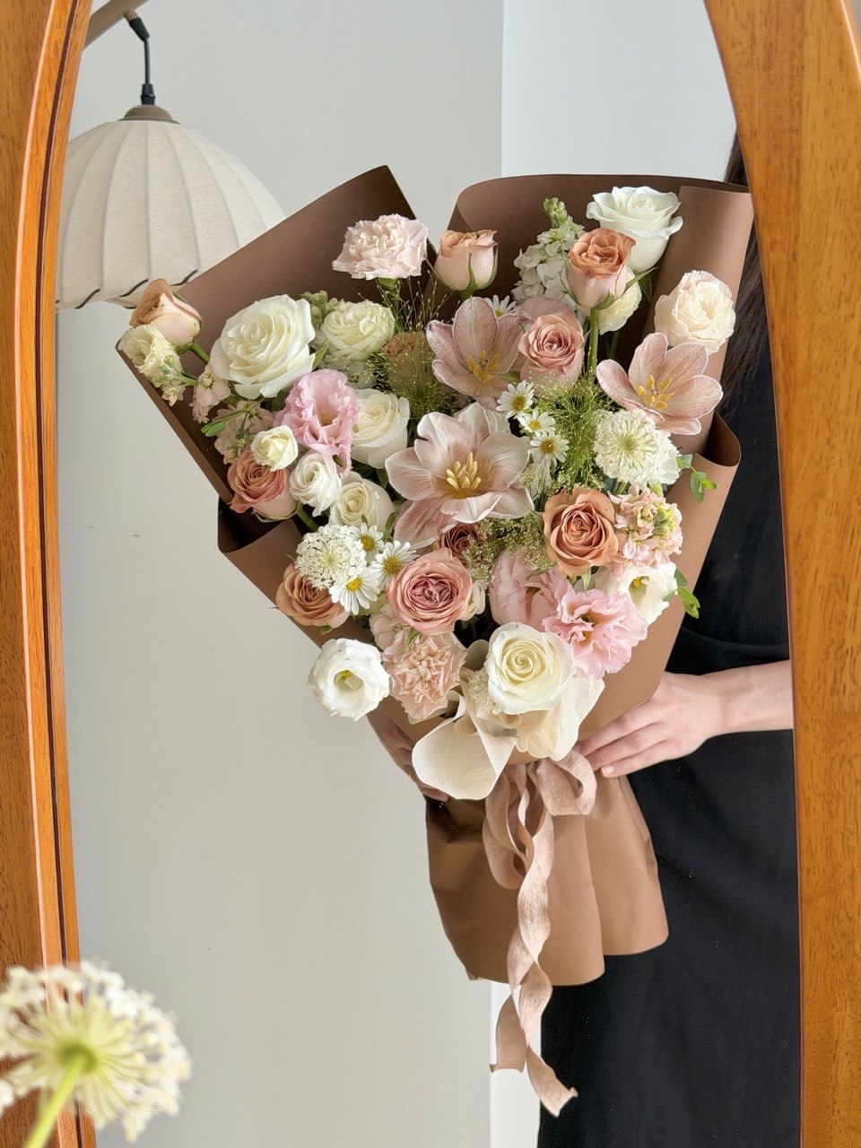 Elegant cappuccino rose bouquet featuring hand-dyed cappuccino tulips, blush carnations and white roses for birthdays, anniversaries and special occasions in KL.