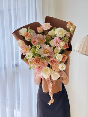 Luxury cappuccino tone flower bouquet with cappuccino roses, dyed tulips, white blooms and premium fillers available for same day delivery in Kuala Lumpur and Selangor.