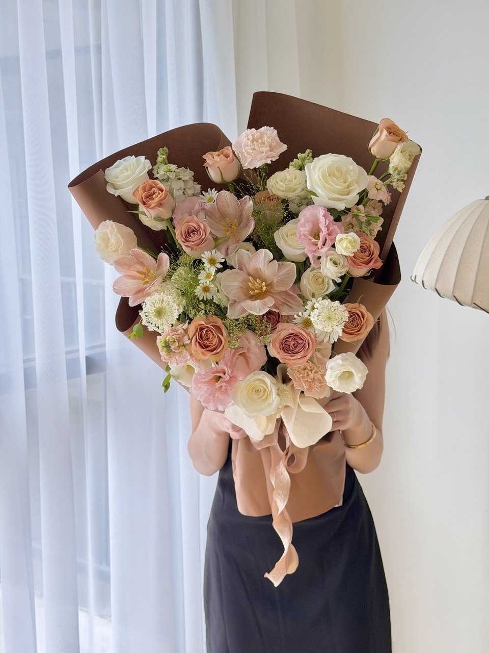Luxury cappuccino tone flower bouquet with cappuccino roses, dyed tulips, white blooms and premium fillers available for same day delivery in Kuala Lumpur and Selangor.