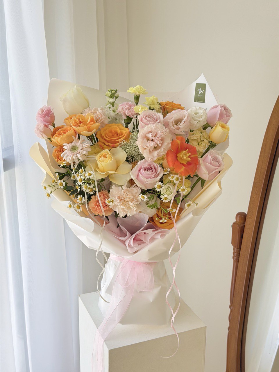 Elegant pastel bouquet with orange tulip, buttercup rose, pink rose and chamomile, ideal birthday gift flowers same day delivery KL and Selangor.