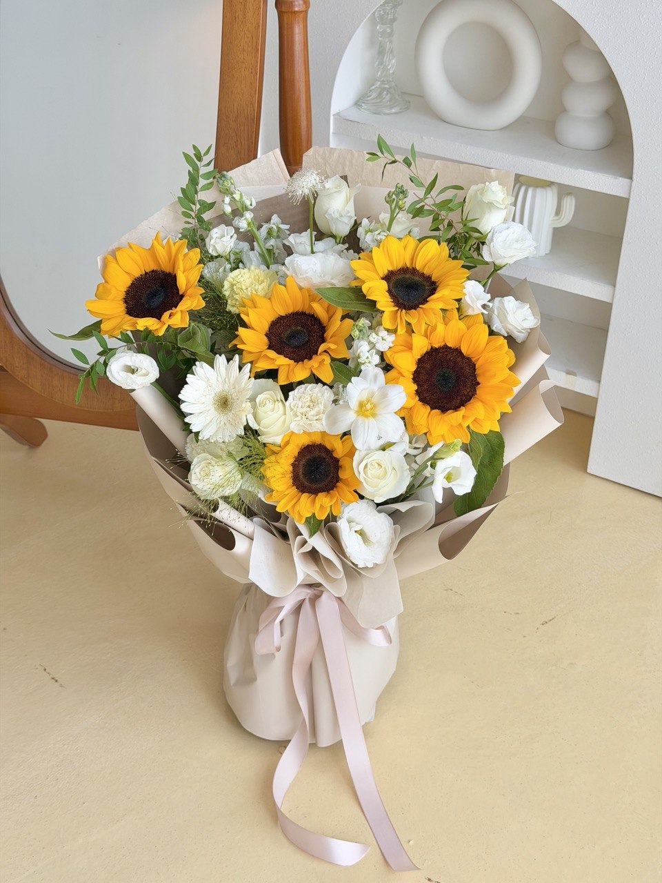 Sunflower and white rose bouquet for graduation day, a thoughtful gift for graduates in Kuala Lumpur and Selangor.