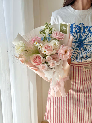 Small pink birthday flower bouquet with roses, carnations and seasonal flowers | Same Day Flower Delivery KL & Selangor.