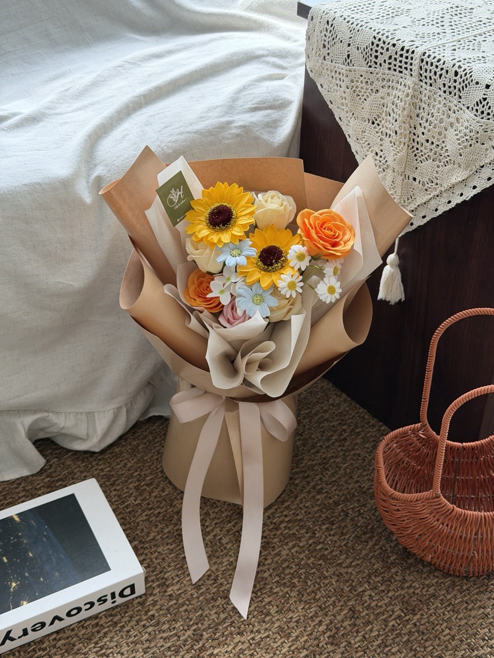 A bouquet of sunflower soap flower is placed on carpeted floor at subang jaya Malaysia.