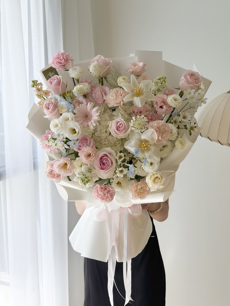 Handcrafted birthday and anniversary bouquet with white hydrangea, roses and fresh blooms | Same Day Delivery Kuala Lumpur.