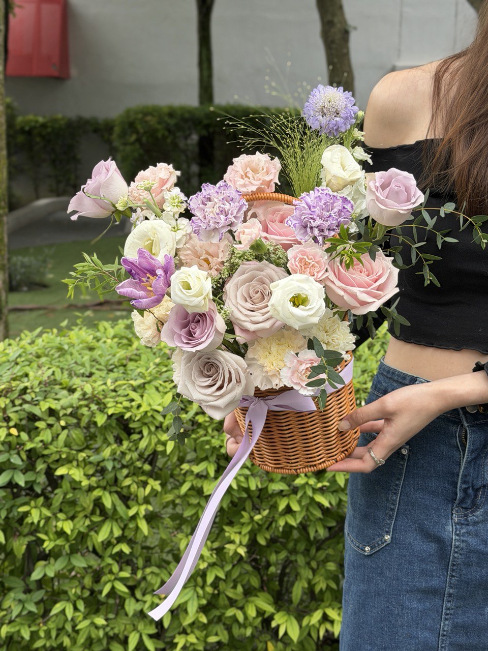 Elegant purple theme flower basket with premium roses and seasonal flowers, suitable for grand opening flower gifting and business congratulations.