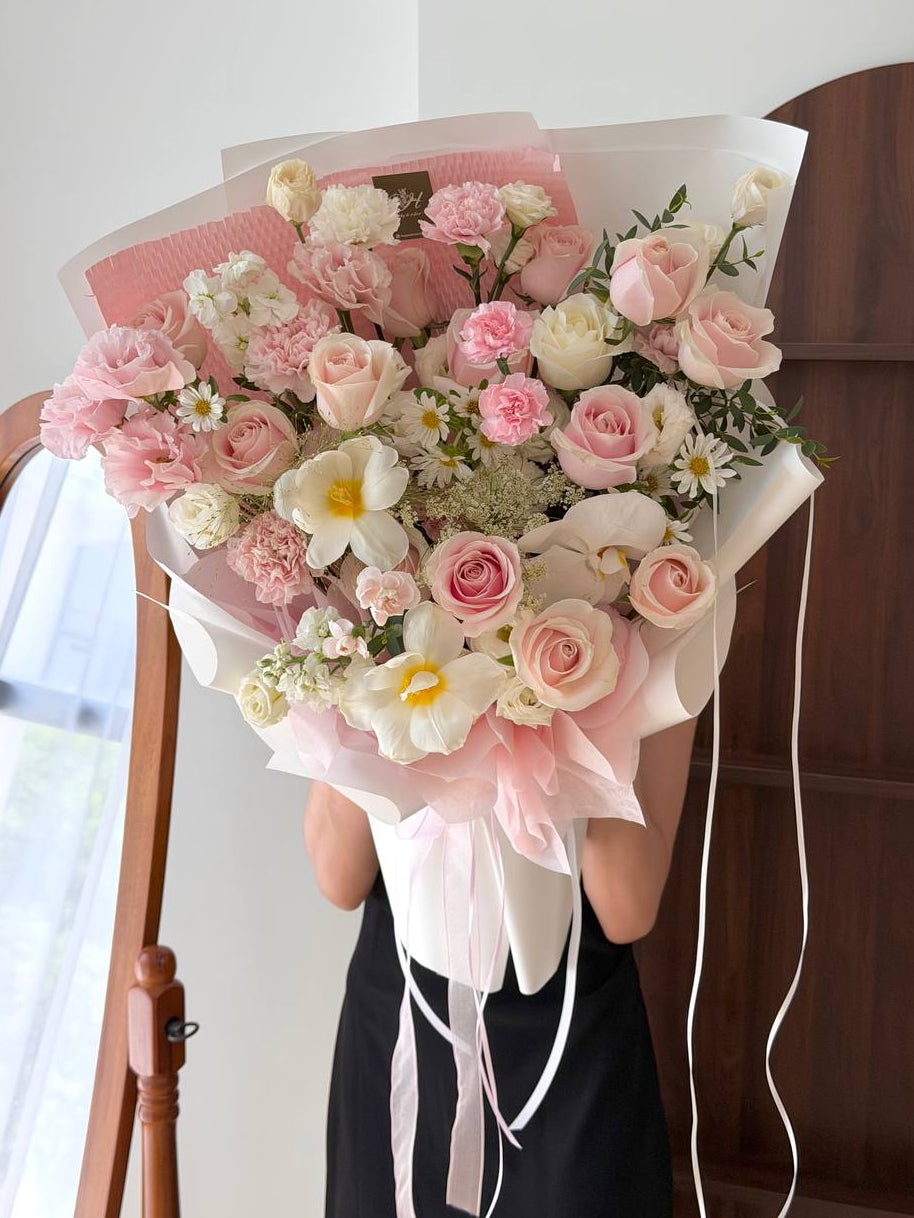 Luxury pink and white flower bouquet with roses, orchids and carnations for birthdays and anniversaries | Same Day Flower Delivery KL & Selangor.