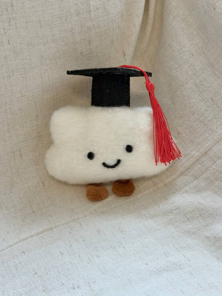 Small plush toy with a graduation cap on a beige fabric background