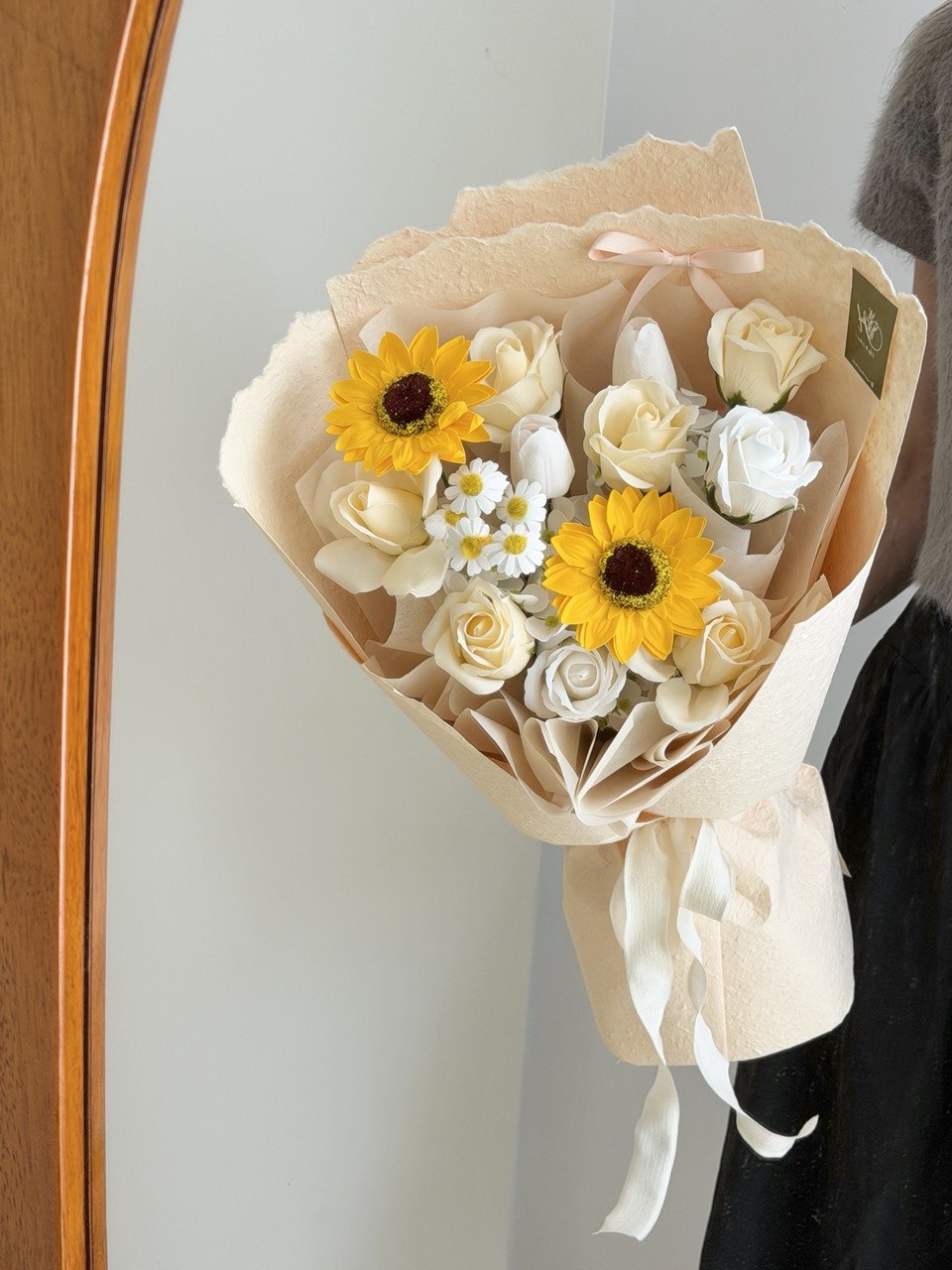 Graduation soap flower bouquet featuring sunflower and white roses, ideal for Sunway University convocation gift, same day delivery Sunway.