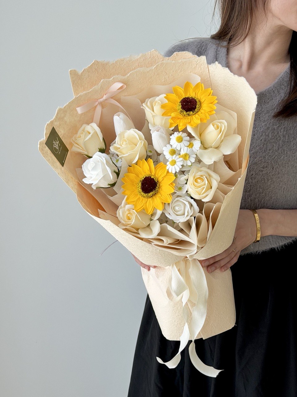 Sunflower soap flower graduation bouquet with white roses, perfect gift for graduates at Sunway, same day delivery available.
