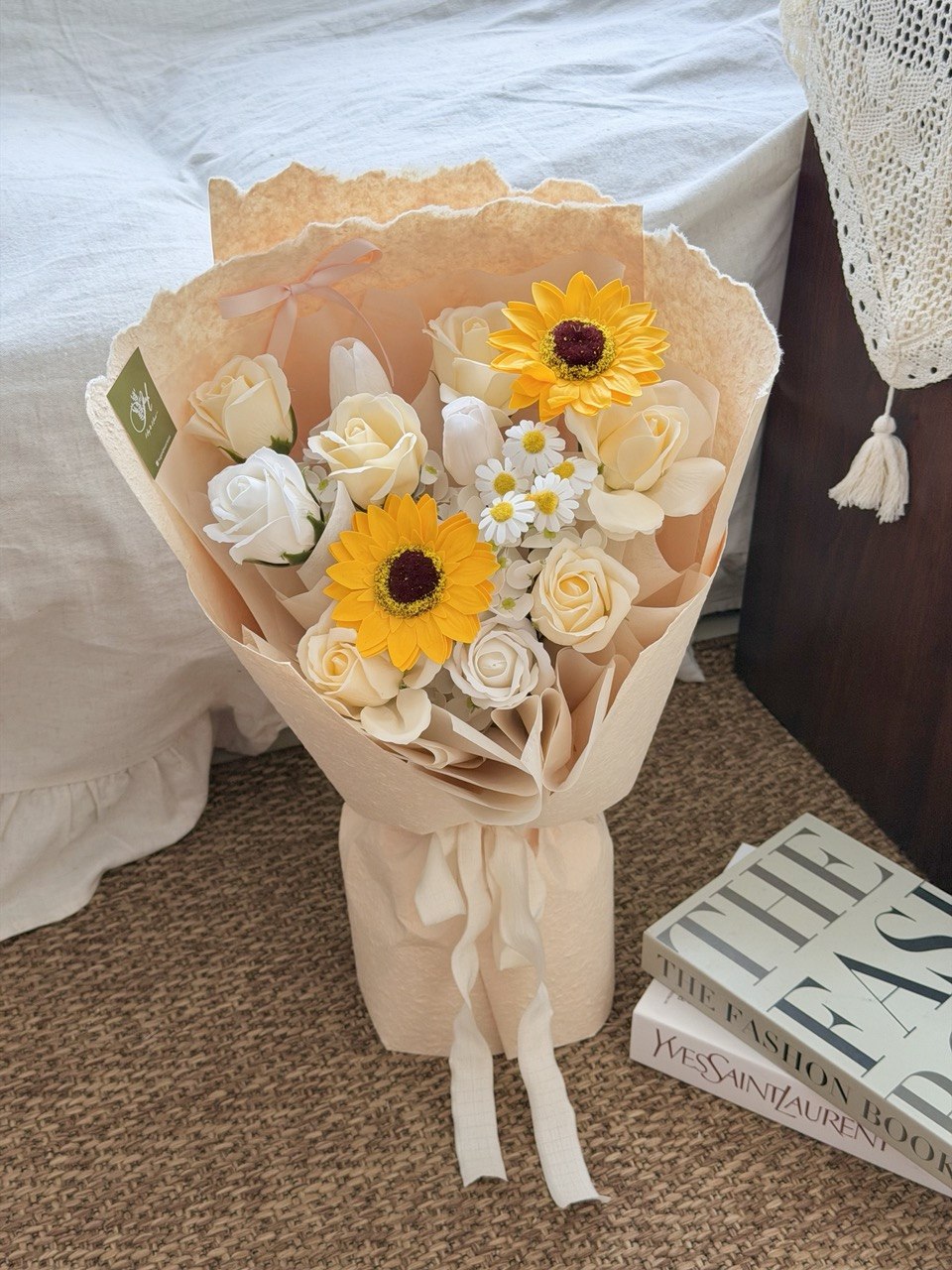 Elegant soap flower bouquet with sunflower and cream roses for graduation celebration at Sunway University, same day flower delivery.