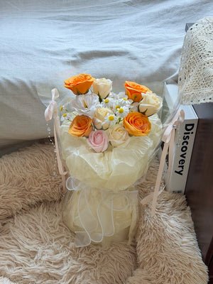 Premium round shape soap flower bouquet with mixed roses and daisies, perfect for special occasions like birthdays and anniversaries.