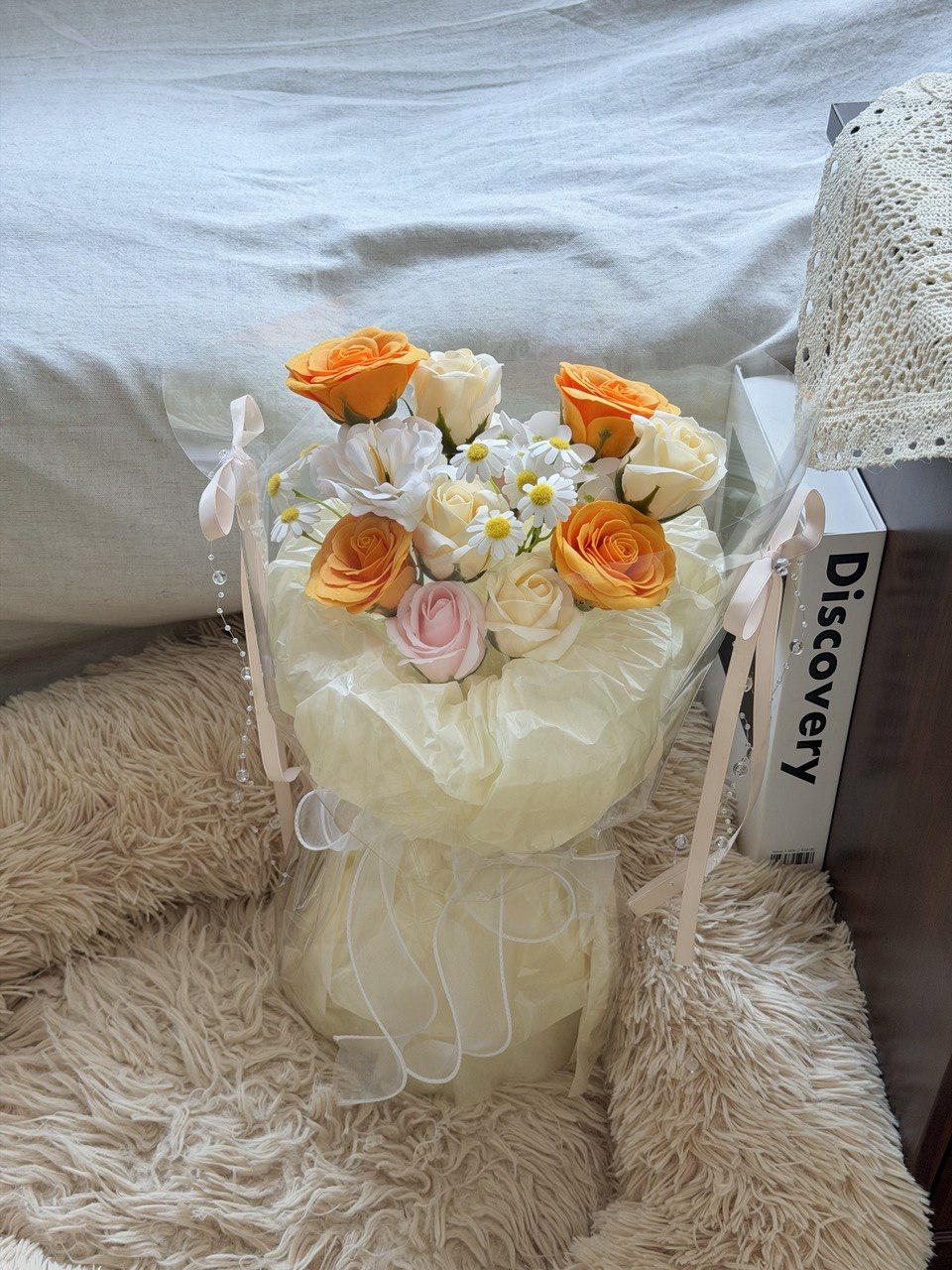 Premium round shape soap flower bouquet with mixed roses and daisies, perfect for special occasions like birthdays and anniversaries.