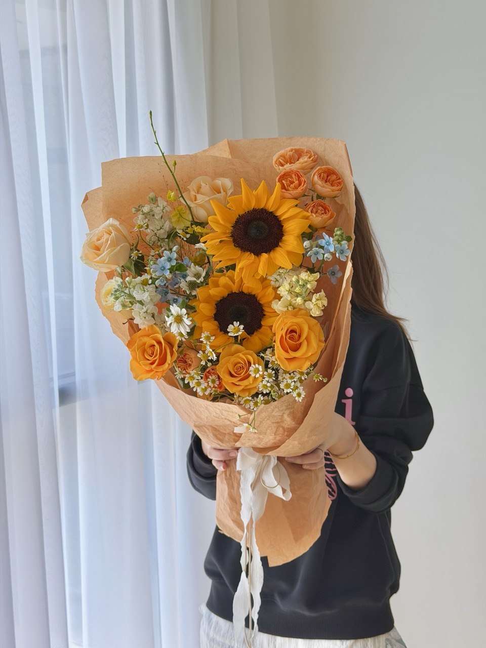 Premium graduation bouquet with sunflowers, orange roses, chamomile, and fresh flowers by a local florist in Sunway and Bukit Jalil.