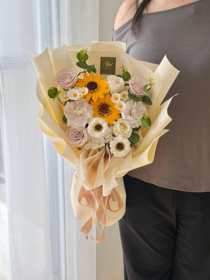 Beautiful soap flower graduation bouquet in cream and pastel tones for convocation celebrations with delivery to Sunway and Bukit Jalil.