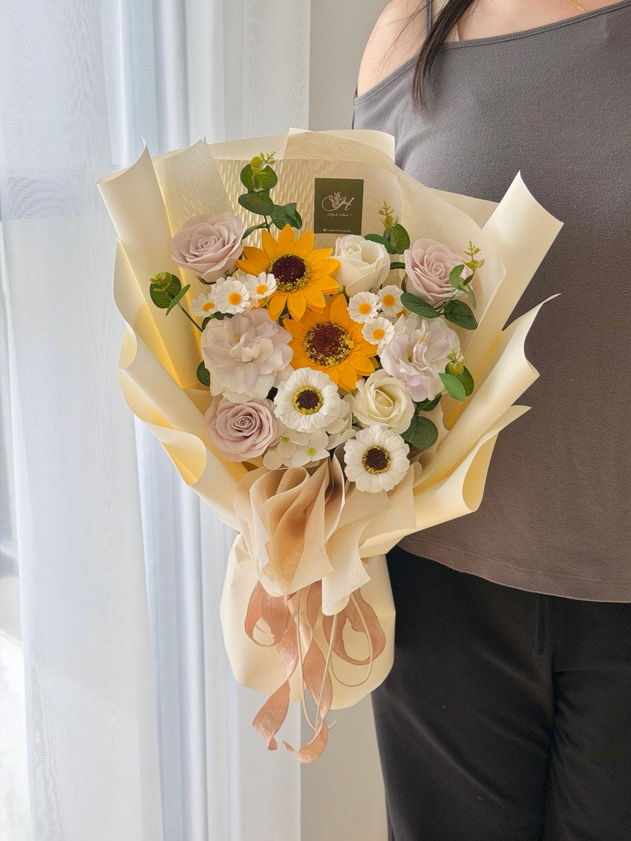 Beautiful soap flower graduation bouquet in cream and pastel tones for convocation celebrations with delivery to Sunway and Bukit Jalil.