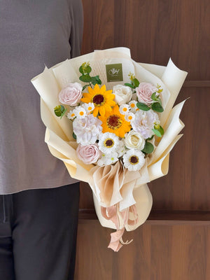 Premium soap flower graduation bouquet handcrafted with sunflower and pastel flowers for convocation in Bukit Jalil and Sunway.