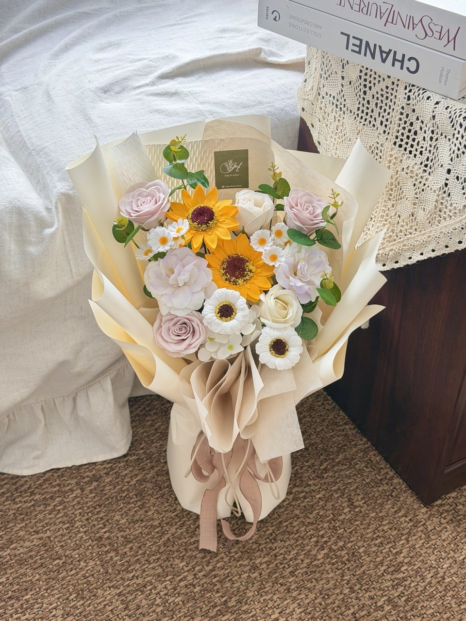 Elegant graduation soap flower bouquet featuring sunflowers, Menta roses, and white fillers for graduates in Sunway.