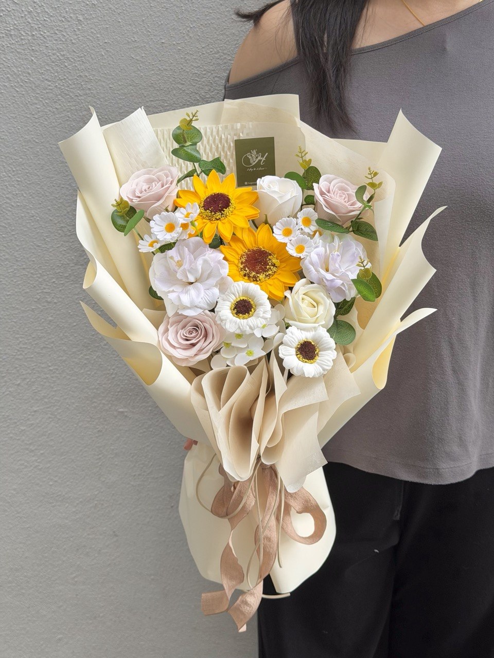 Soap flower graduation bouquet with sunflowers and pastel roses for university convocation in Sunway and Bukit Jalil.