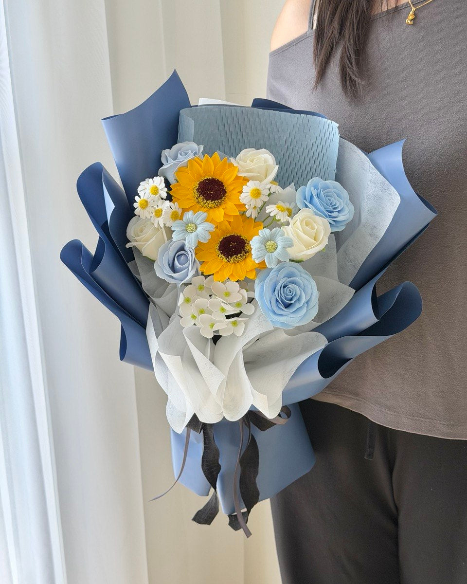 Soap flower graduation bouquet with sunflowers and blue roses for university convocation in Sunway and Bukit Jalil.