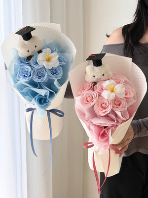Premium graduation soap flower bouquet with white tulip, cloud bear graduation plush, and long-lasting soap roses for Sunway and Bukit Jalil delivery.