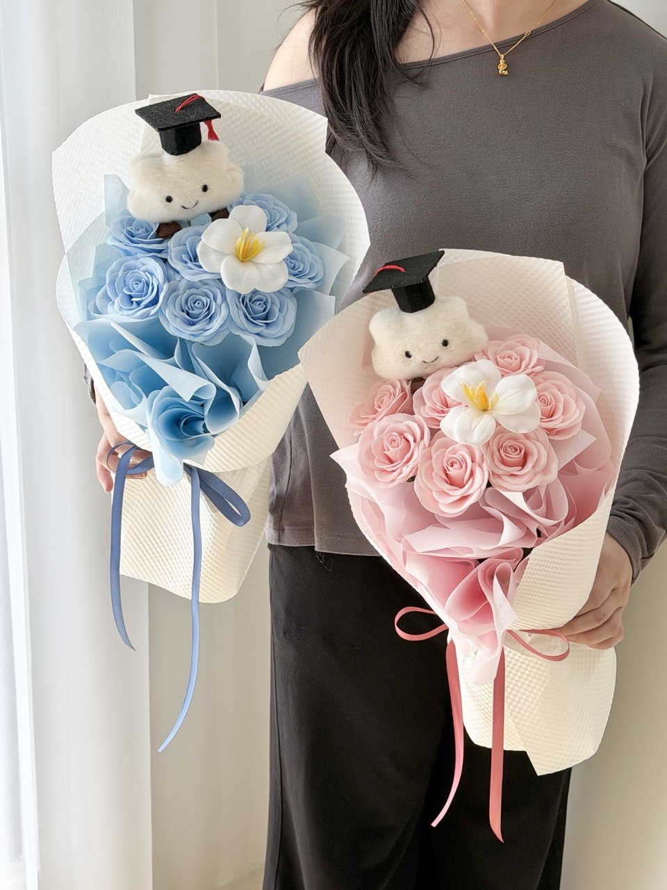 Graduation soap flower bouquet with white tulip, cloud bear wearing graduation cap, and pink and blue soap roses for convocation in Sunway and Bukit Jalil.