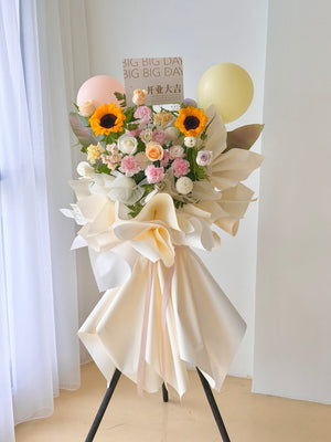 Premium cream grand opening flower stand with soft pink and white flowers for corporate opening KL.