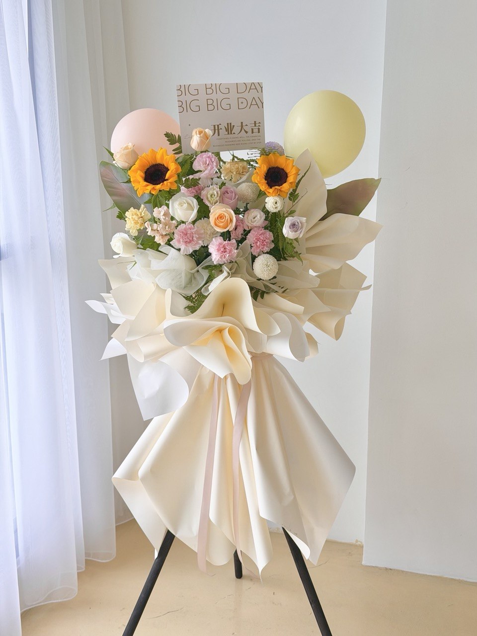 Premium cream grand opening flower stand with soft pink and white flowers for corporate opening KL.