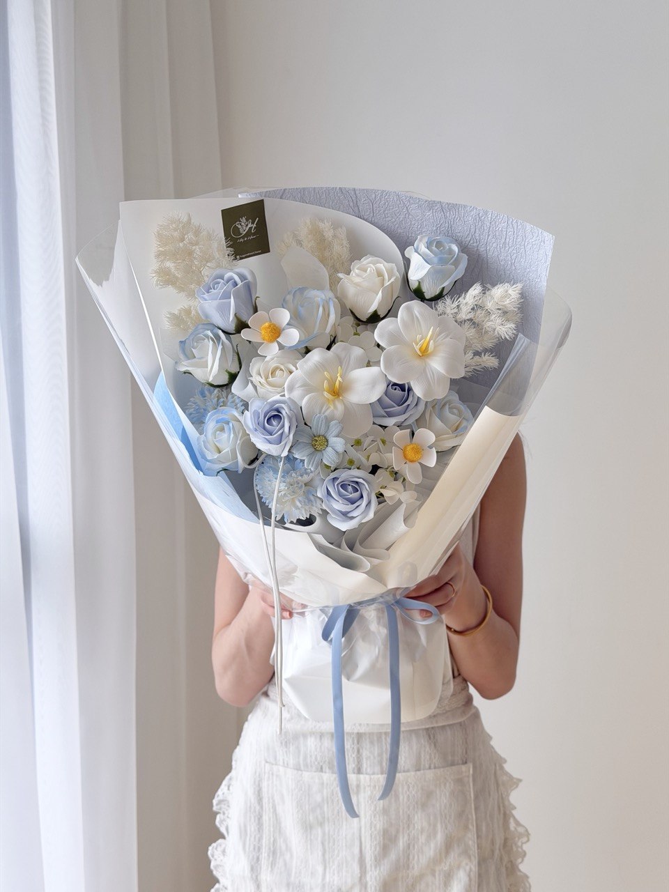 Blue and white soap flower bouquet with tulip design and mixed fillers, perfect for birthday and anniversary gift KL Selangor.