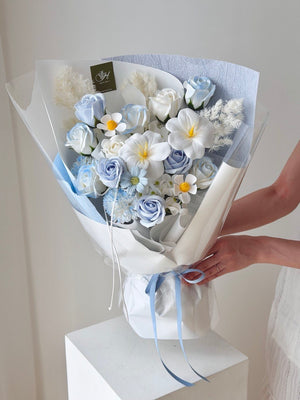 Pastel blue and white soap flower bouquet with mixed fillers, romantic gift with same day delivery KL.
