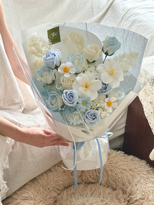 Soap flower bouquet with white tulip soap flowers and blue roses, elegant gift with same day delivery in Kuala Lumpur and Selangor.