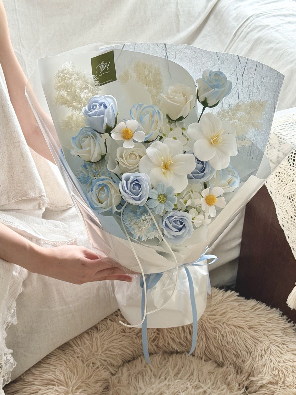 Soap flower bouquet with white tulip soap flowers and blue roses, elegant gift with same day delivery in Kuala Lumpur and Selangor.