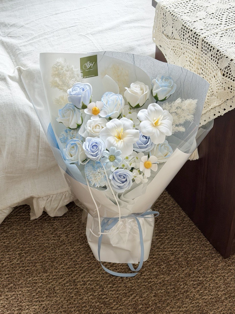 Elegant white tulip soap flower bouquet with blue rose accents, luxury gift for her in Kuala Lumpur and Selangor.