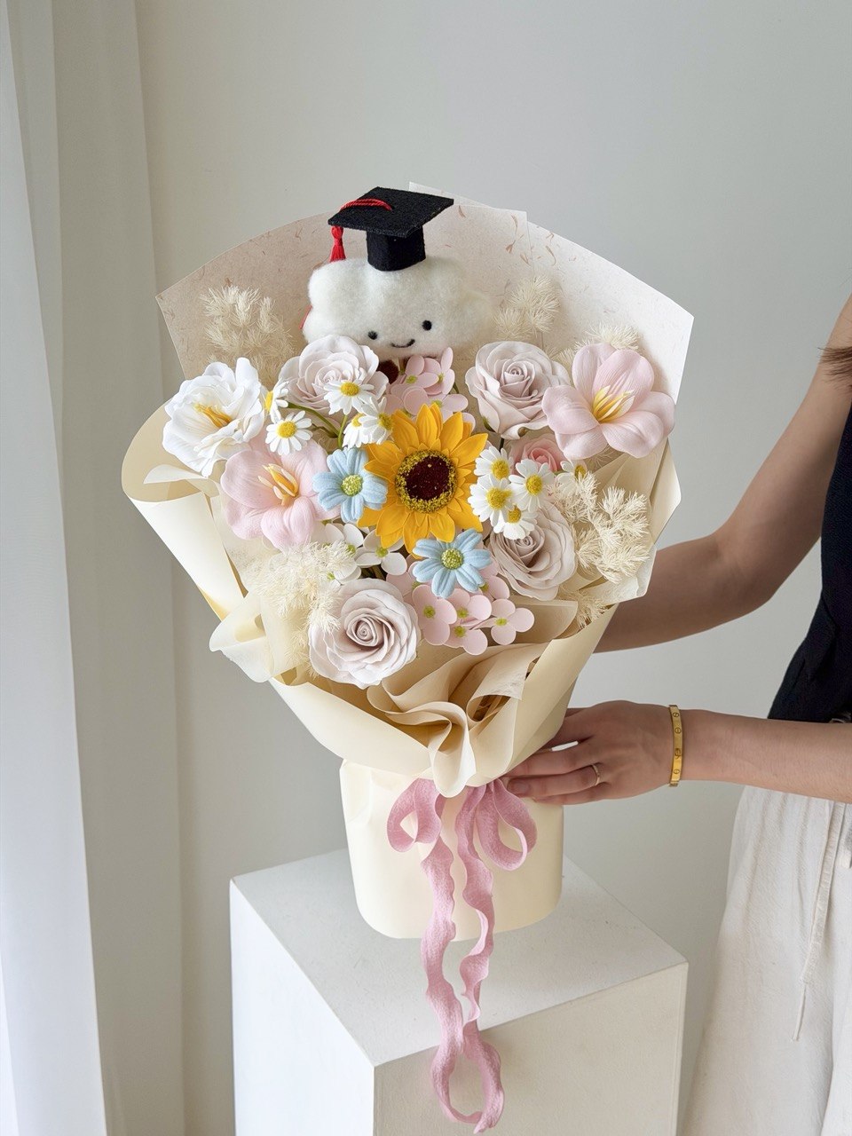 Elegant graduation soap flower bouquet with sunflower and mixed pastel flowers in Kl perfect for graduation bouquet. 