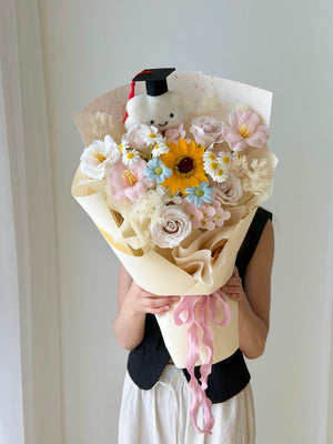 Beautiful pastel soap flower bouquet with sunflower ideal for graduation celebration in Kuala Lumpur and Selangor.