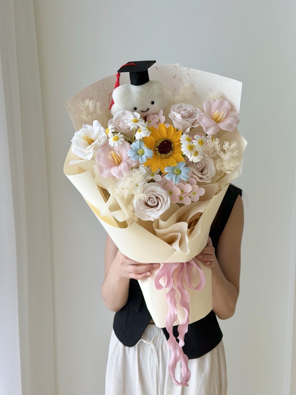 Beautiful pastel soap flower bouquet with sunflower ideal for graduation celebration in Kuala Lumpur and Selangor.