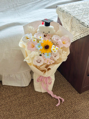 Sunflower soap flower bouquet with cloud graduation soft toy for same day delivery Kuala Lumpur and Selangor.