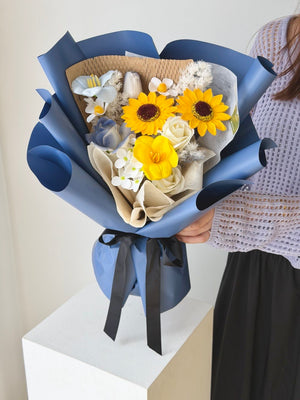 Handcrafted graduation soap flower bouquet with sunflower for same day flower delivery in Subang Jaya.