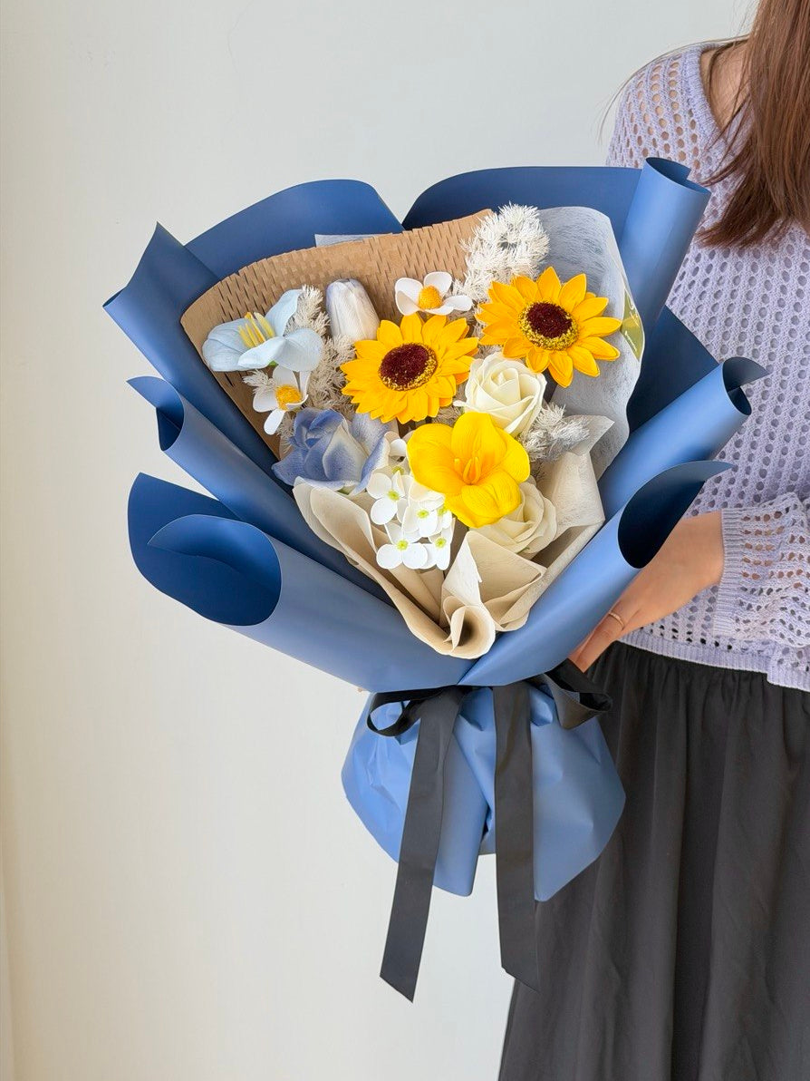 Graduation soap flower bouquet with sunflower perfect for university graduation in Subang Jaya and Bukit Jalil.