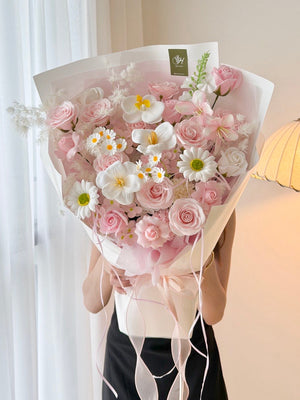 A large bouquet of soap flower featuring soap pink rose and kiss of fairy rose spray, the perfect birthday flower gift at KL.