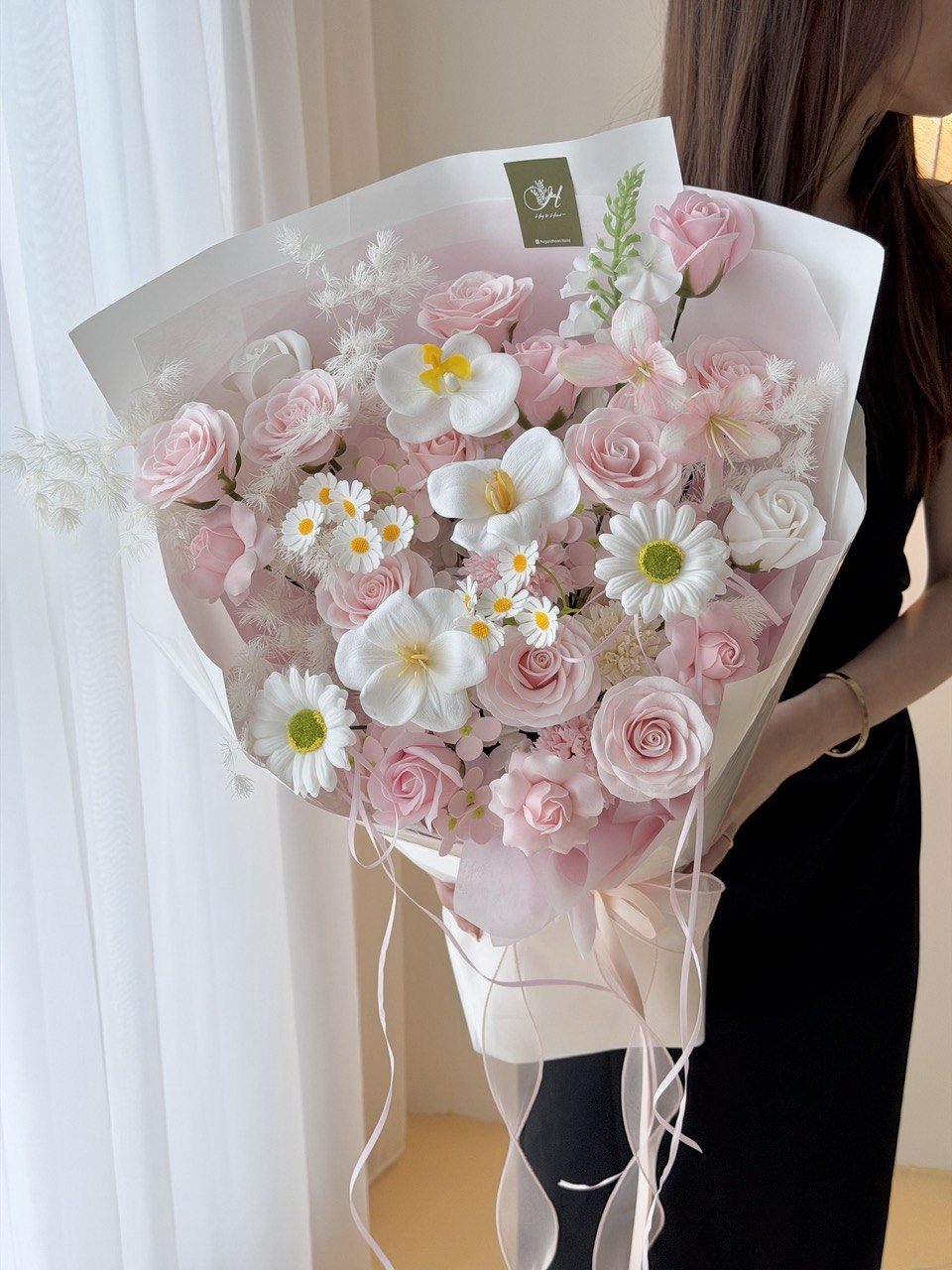 A large bouquet of soap flower featuring soap pink rose and kiss of fairy rose spray, the perfect birthday flower gift at KL.