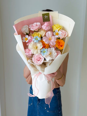 Vibrant soap flower bouquet with mixed colours, ideal for get well soon, anniversary and surprise gift in Selangor same day delivery.