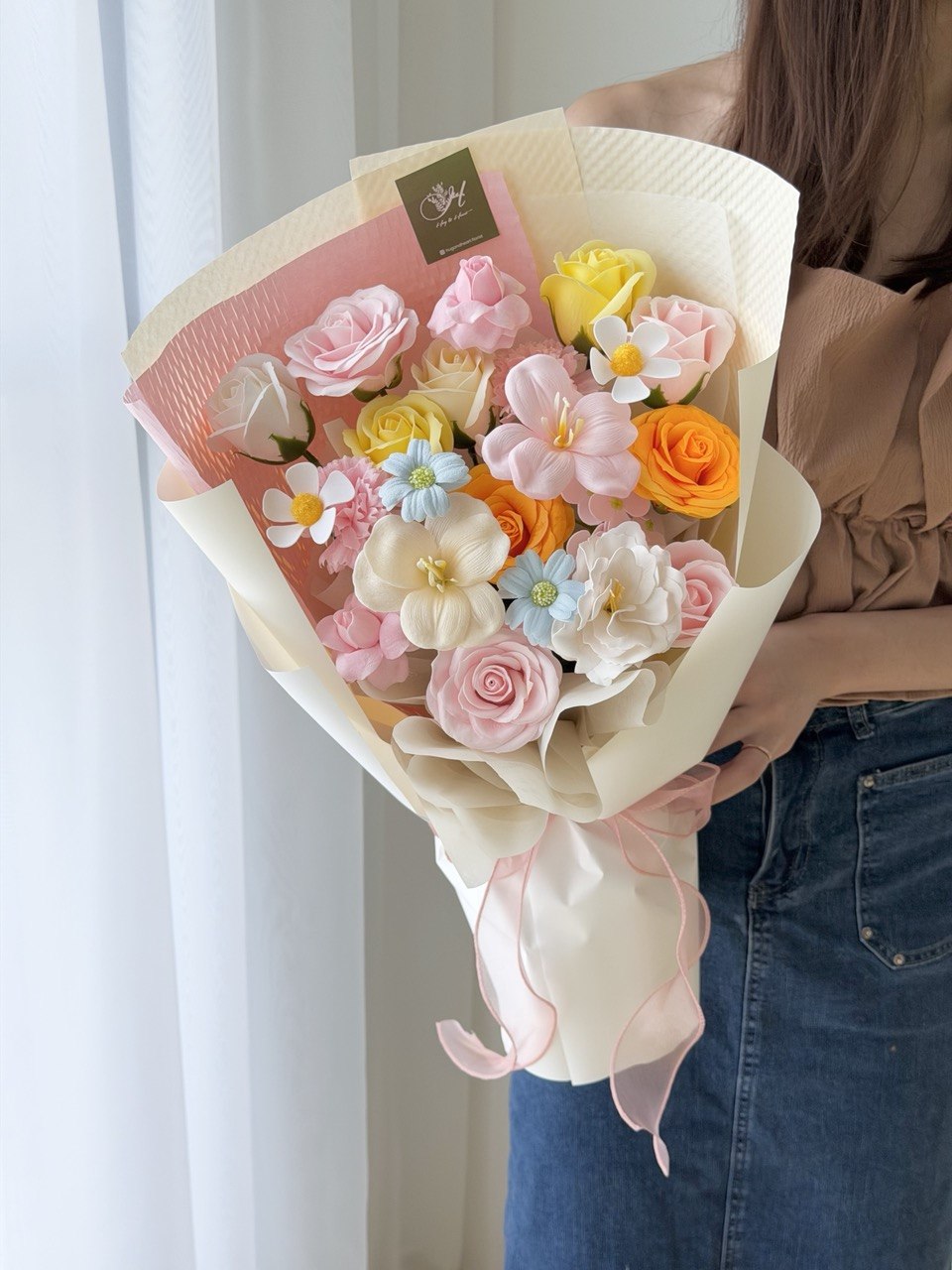 Elegant colourful soap flower bouquet with roses and tulip design, perfect for anniversary and get well soon flower in KL same day delivery.