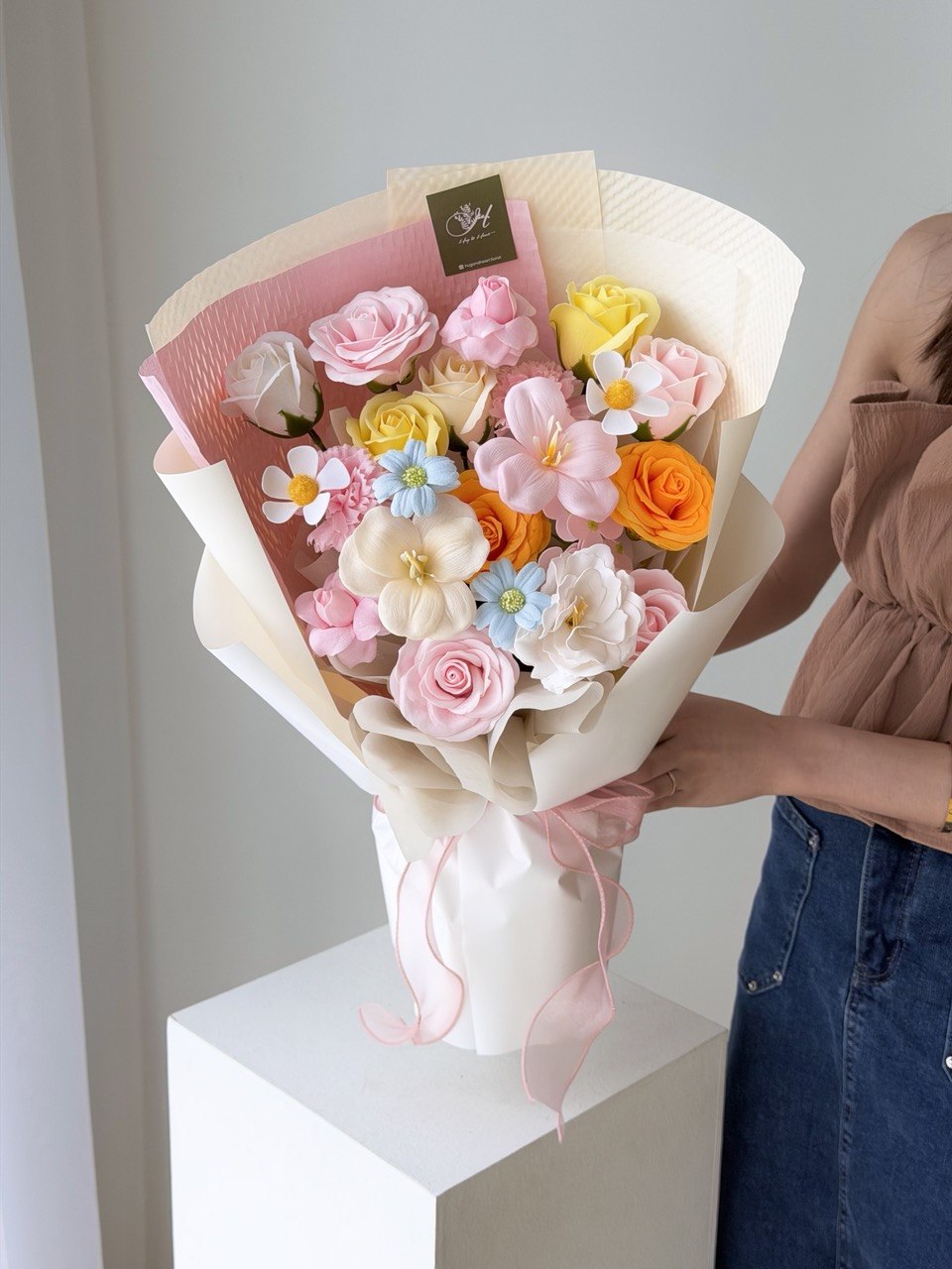 Mixed colour soap flower bouquet with pink, orange and cream tones, suitable for apology flower and romantic gift Selangor same day delivery.