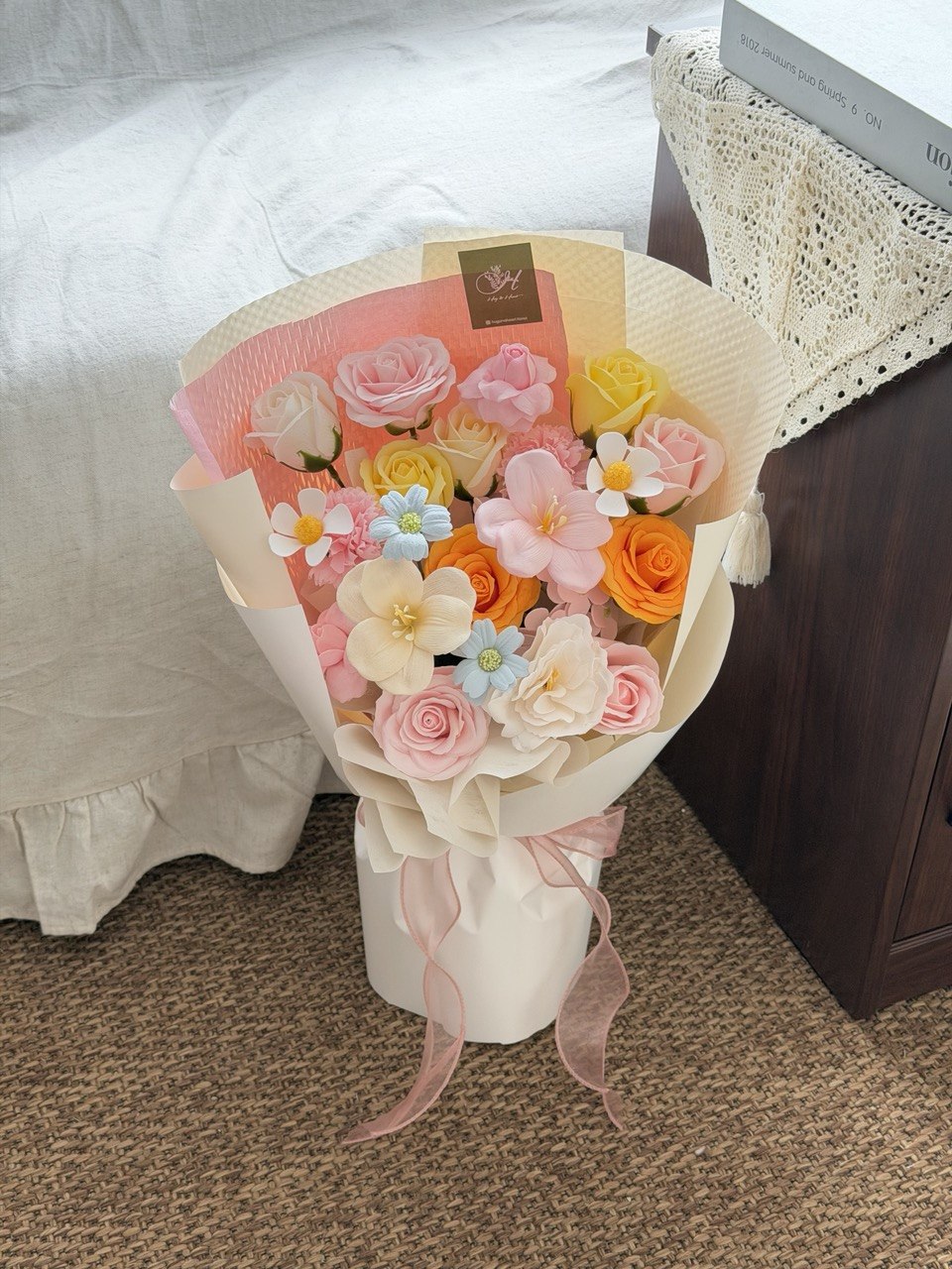 Pastel colourful soap flower bouquet with roses and fillers, perfect for birthday and graduation flower delivery in Kuala Lumpur.