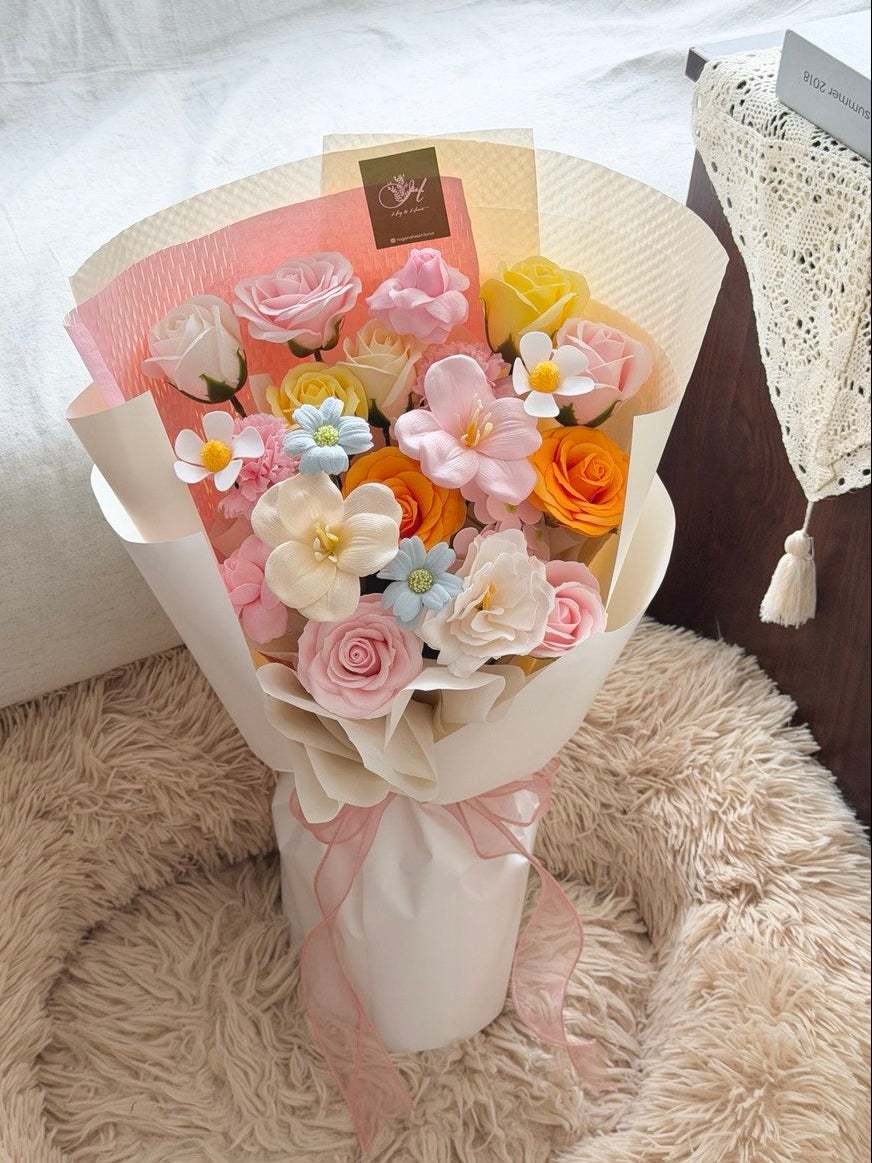 Colourful soap flower bouquet with pastel roses and tulips, perfect for graduation and birthday gift with same day delivery Kuala Lumpur.