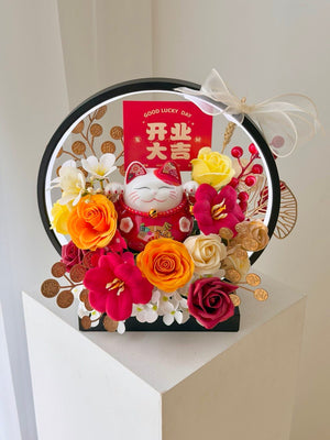 Maneki neko lucky cat with colourful flowers and LED ring, ideal for shop opening and business launch gift Selangor.